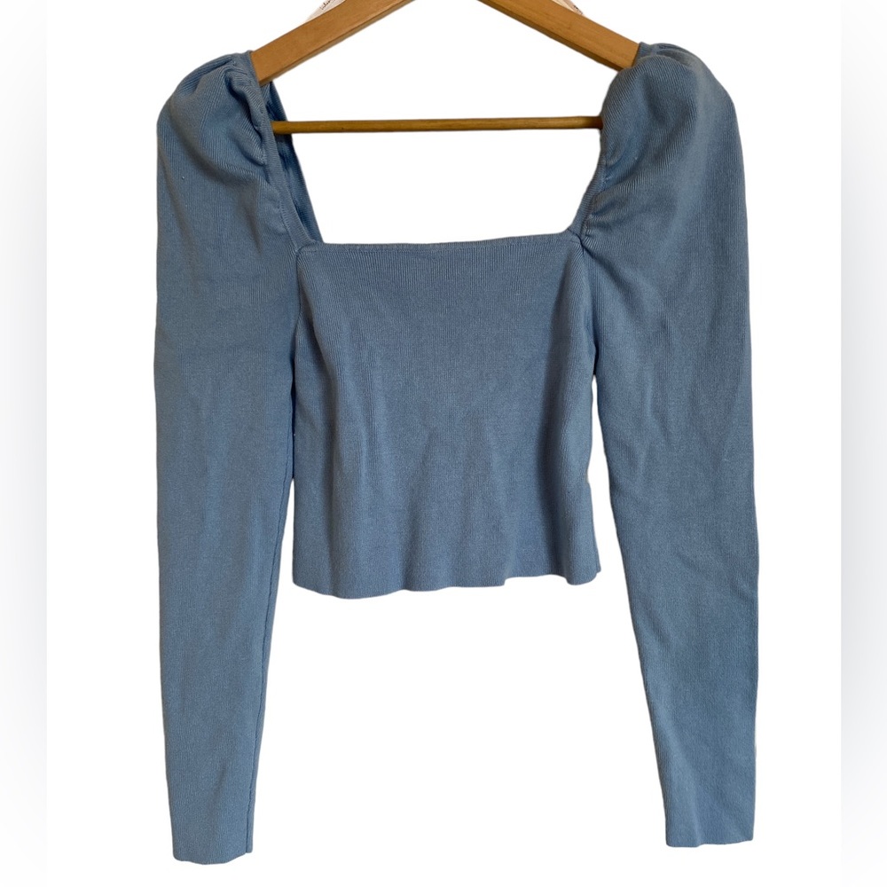 Lulu's Always the Best Dusty Blue Crop Knit Puff Long Sleeve Sweater Womens M